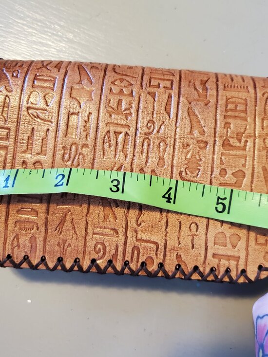 Vintage Leather Wallet Embossed Egyptian Hieroglyphics Pattern OOAK - Picture 3 of 11